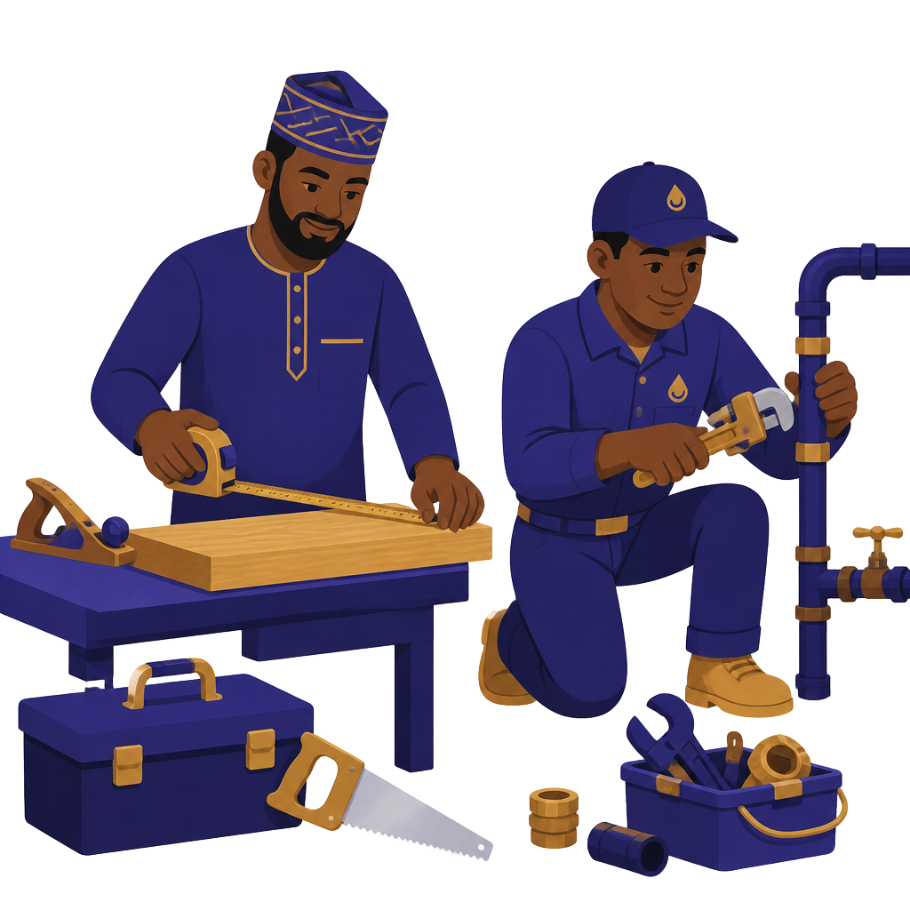 A carpenter measuring wood and a plumber fitting a pipe