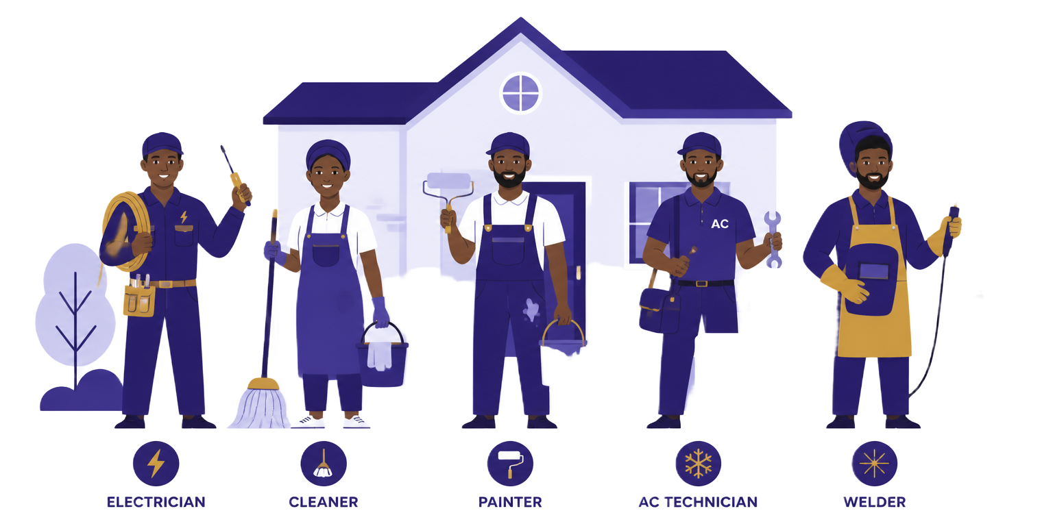 Illustrated line-up of an electrician, cleaner, painter, AC technician and welder in front of a home