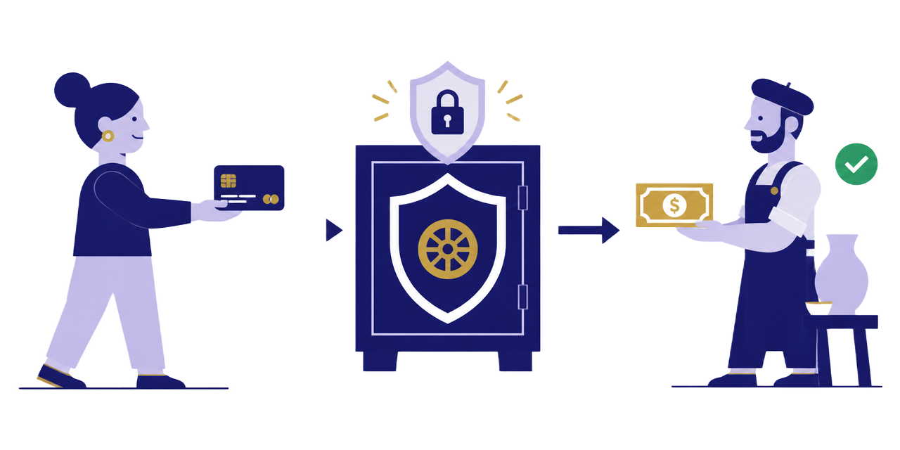 Illustration of a customer paying into a secured vault and the artisan being paid after the job